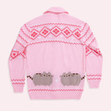 Back view of the Pusheen Cardigan. The dark pink and white diamond and heart pattern continues on the back of the shoulders of the cardigan and down the sleeves. The folded lapel features continues on the back collar of the cardigan. 