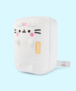 Side quarter view of the Pusheen White Refrigerator Plush. Towards the middle side of the plush is an embroidered yellow rectangle that mimics the handle of a real refrigerator.