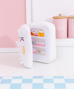 Back view of the Pusheen's Kitchen Refrigerator Plush. Pusheen's striped tail extends off the bottom back of the plush and alternates between white and light pink colors.