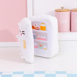 Partial interior view of the fridge plush. The plush opens to reveal a printed stocked fridge of Pusheen's favorite snacks. Included in the interior prink are milks, donuts, eggs, and more!