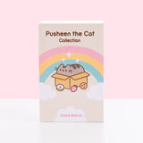 Front view of the Pusheen the Cat Collection: 3-Book Boxed Set. The decorative exterior storage box features the title of the boxed set. Below the title is a graphic of Pusheen laying inside a cardboard box while surrounded by a donut, strawberry, and chocolate chip cookie. Around Pusheen is a pink, yellow, and blue rainbow and white fluffy clouds and sparkles. At the bottom of the box is text stating the author, Claire Belton. 