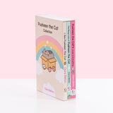 Side view of the 3-Book Boxed Set showcasing the books fitting inside the decorative box. All three paperback books are held inside the box to show the spine graphics of each book. 