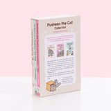 Back view of the Pusheen the Cat Book Collection. The graphic on the back of the box features the cover art of each book and a short introduction into what each book is about. A graphic of Pusheen and Stormy playing with a cardboard box is located at the bottom left corner of the back of the box.  