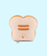 Back view of the Pusheen's Kitchen White Bread Squisheen Plush. The back of the bread slice plush features Pusheen's two back stripes that matches the light-brown color of the side of plush. Towards the bottom of the plush is Pusheen's striped tail alternating the colors of light cream and light brown.