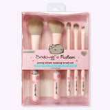 Pusheen makeup brush set in its packaging. Including in the brush set is a powder brush, blush brush, eyeshadow blending brush, precise eyeshadow brush, and angled definer eyeliner brush.