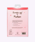 Back view of the makeup brush set packaging. The back of the pink box includes products highlights and The Creme Shop and Pusheen logos.