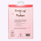 Back view of the makeup brush set packaging. The back of the pink box includes products highlights and The Creme Shop and Pusheen logos.