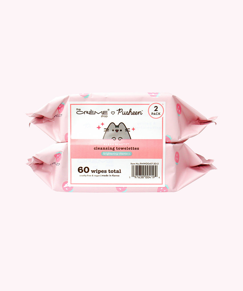 Side view of the 2-pack of Towelettes packaging. A sticker is placed on the side of the wipes to hold two packs together. The sticker reads "Cleansing towelettes, brightening vitamin c, and 60 wipes total."