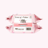 Side view of the 2-pack of Towelettes packaging. A sticker is placed on the side of the wipes to hold two packs together. The sticker reads "Cleansing towelettes, brightening vitamin c, and 60 wipes total."