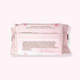 Back view of the Pusheen makeup wipe packaging. On the back of the package is a short description of what the wipes will do and the ingredients.