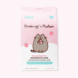 Front view of the 3-pack packaging carton for the Pusheen Sheet Masks. Printed on the front is a graphic of Pusheen holding a strawberry milk carton. The packaging includes important product details like "3-pack" and "limited edition."