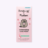 Front view of the Pusheen hand cream packaging. The light pink box has important product details such as the scent of the hand cream being strawberry milkshake scented.