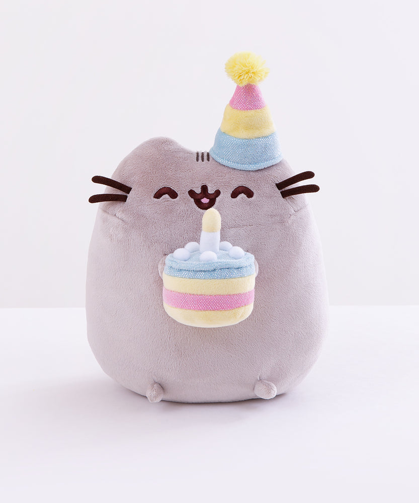 Front view of the Birthday Pusheen Plush in front of a white background.