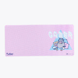 Front view of the Gaming Pusheen desk mat. The Pusheen The Cat logo is present in the lower left corner, and the manufacturer logo is present in the lower right corner, all in a dark blue. 