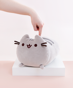 A hand pointing a finger directly on top of the back of the Medium Log Squisheen plush, which has been placed on a square white pedestal in front of a light pink and white background.