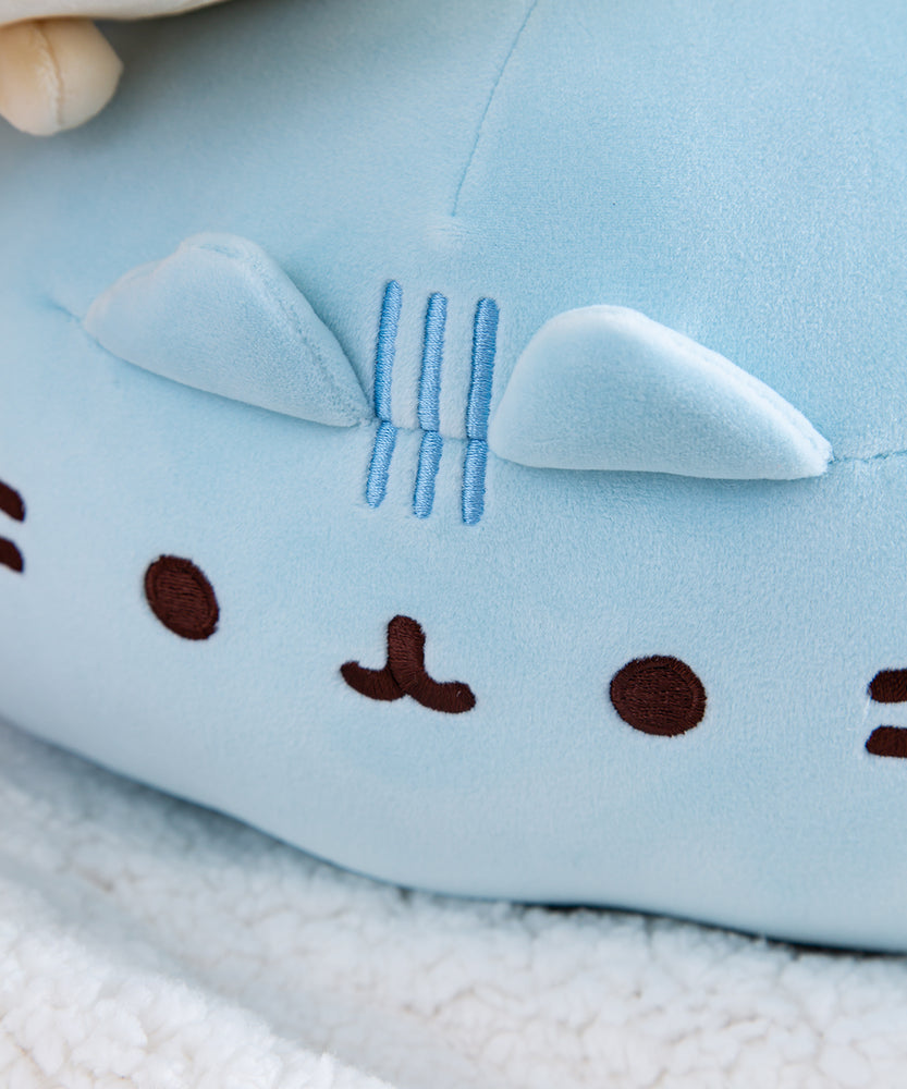 Close up of the embroidered face of the Blue Round Squisheen.