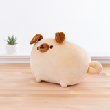 Quarter view of the Pugsheen plush facing the left plush in front of a white wall on top of a wooden floor, with a potted succulent to the plush’s left. Pugsheen’s curly tail covers the plush’s information tag. Pugsheen’s brown snout sticks out from the rest of the plush.