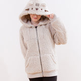 Model wearing the Pusheen Character hoodie, pulling the hood over their eyes to showcase Pusheen's face on the hood. The hoodie takes on a cone shape, and the hoodie is slightly baggy.
