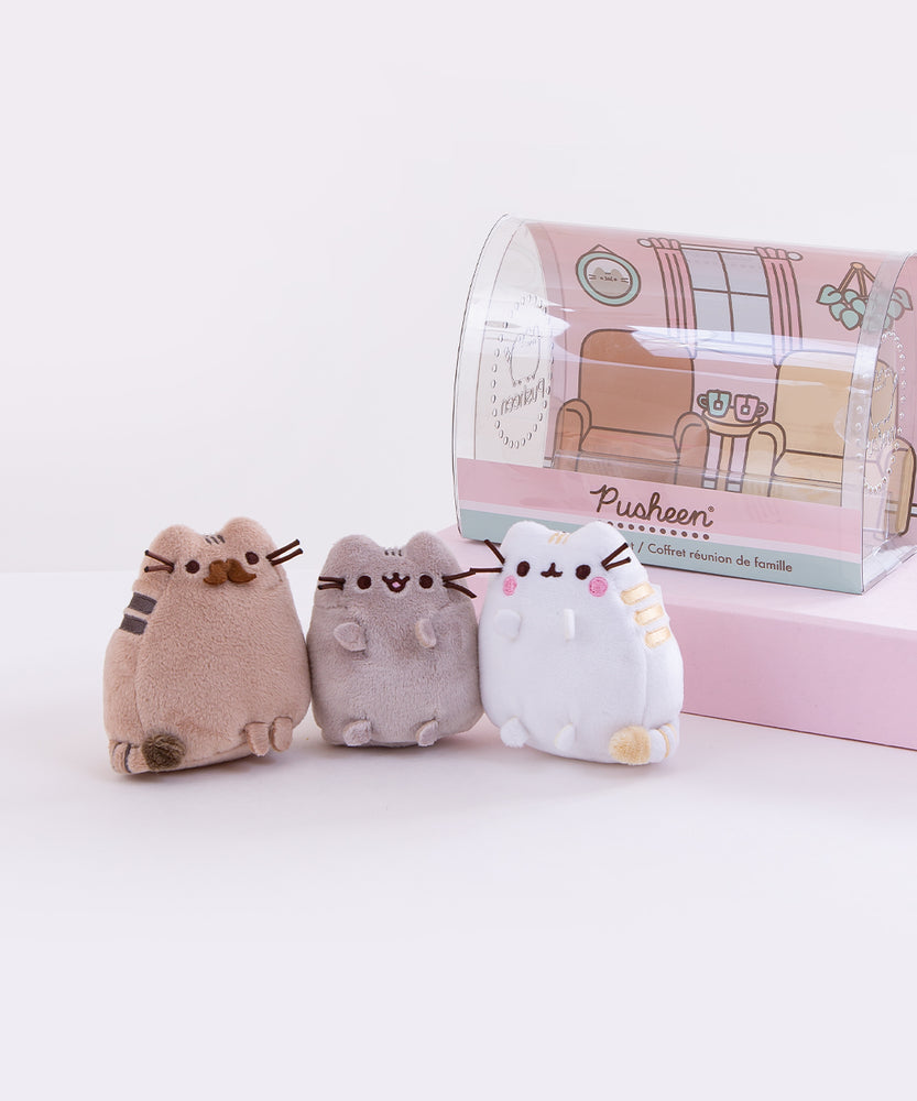 Front view of the Family Gathering Plush Collector Set in front of a pink background.