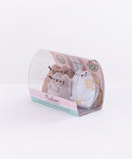 Quarter view of the mini plush in the packaging facing the left in front of a white background. The set is a rounded piece of clear plastic, with the Pusheen the Cat logo indented on the sides. At the bottom front of the packaging is a pink, white and teal stripes with the Pusheen and product name featured. At this angle, it is clear that the illustrated background extends to the bottom, featuring a rug on the floor.