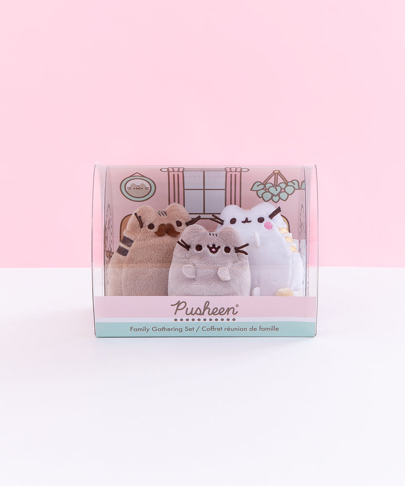 Front view of the Family Gathering Plush Collector Set in front of a pink background.