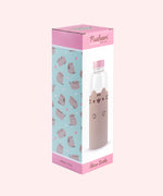 Packaging of glass water bottle. Cardboard packaging features blue, pink, and white graphics with a picture of the water bottle inside on the front.  