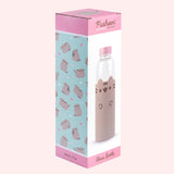 Packaging of glass water bottle. Cardboard packaging features blue, pink, and white graphics with a picture of the water bottle inside on the front.  