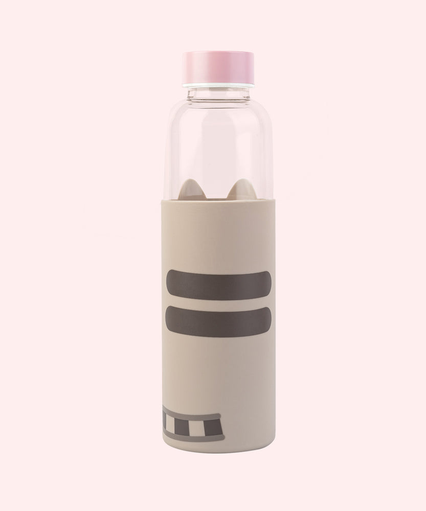 Back view of the Pusheen Glass Water Bottle. The grey silicone sleeve features Pusheen’s grey back stripes and striped tail at the bottom of the bottle.  