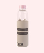 Back view of the Pusheen Glass Water Bottle. The grey silicone sleeve features Pusheen’s grey back stripes and striped tail at the bottom of the bottle.  