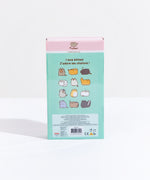 The back of the Pusheen I love Kitties Plush Collectors Set in its original packaging, standing upright in front of a white background. The back features the original comic the plush set is based on, with four rows of three miscellaneous cats, starting with Pusheen holding a pizza and ending with a skunk, which the cats around it react to its smell. The copyright information is noted in small text in a block underneath the comic.