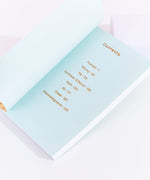 The inside of the book, showing the contents page. The contents page features Pusheen, Stormy, Pip, Sunflower & Biscuit, Sloth, Bo, Cheek, and Acknowledgements.