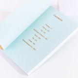 The inside of the book, showing the contents page. The contents page features Pusheen, Stormy, Pip, Sunflower & Biscuit, Sloth, Bo, Cheek, and Acknowledgements.