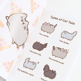 The interior of the book, showing off the ‘Types of Cat tails’ comic with Pusheen, Stormy and Pip. On the left page is an illustration of Pusheen leaping in front of a pattern of pizza slices.