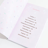 The inside of the book, showing the contents page. The contents page features Pusheen, Pusheenicorn, Super Pusheenicorn, Mermaid Pusheen, Pusheenosaurus & Dinosheens, Pastel Pusheens, Detective Pusheen, Pugsheen, and Acknowledgements.