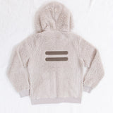 The back of the character hoodie on top of a fuzzy white background. The back features Pusheen's two dark grey stripes embroidered in the middle of the back. 