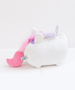 Back view of the Super Musical Pusheenicorn Plush in front of a white background. The sparkly horn, the man, the wings, part of the 2nd back stripe, the plush tail and the plush tag are all visible from the back. 